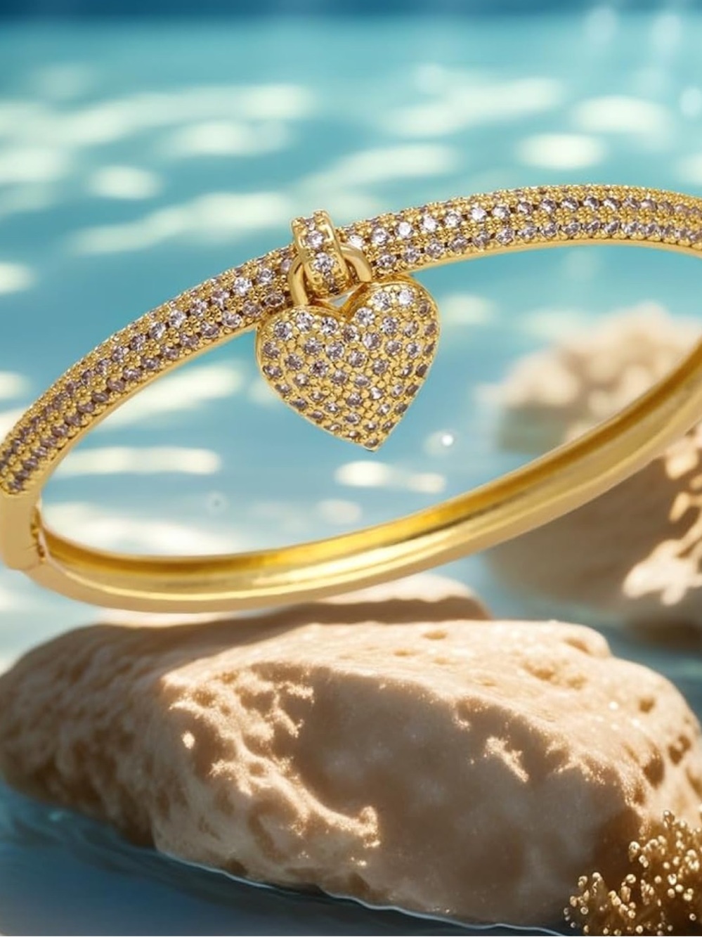 Gold Crystal Heart Charm Bangle Bracelet | Luxury Inspired - Picture 4 of 5